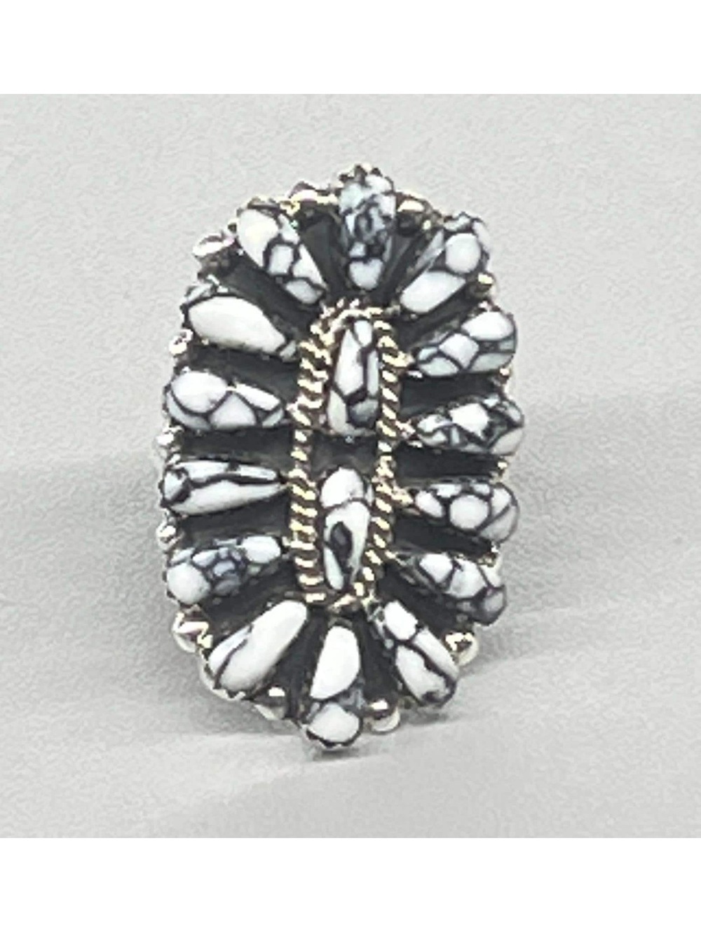 Navajo cluster turquoise white buffalo traditional sterling silver ring size 9